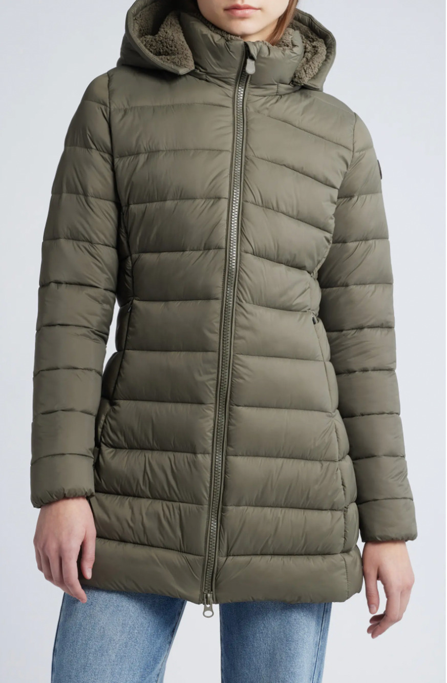 SAVE THE DUCK Joanne Hooded Longline Puffer Jacket Large Size 12 Grey Taupe NWT